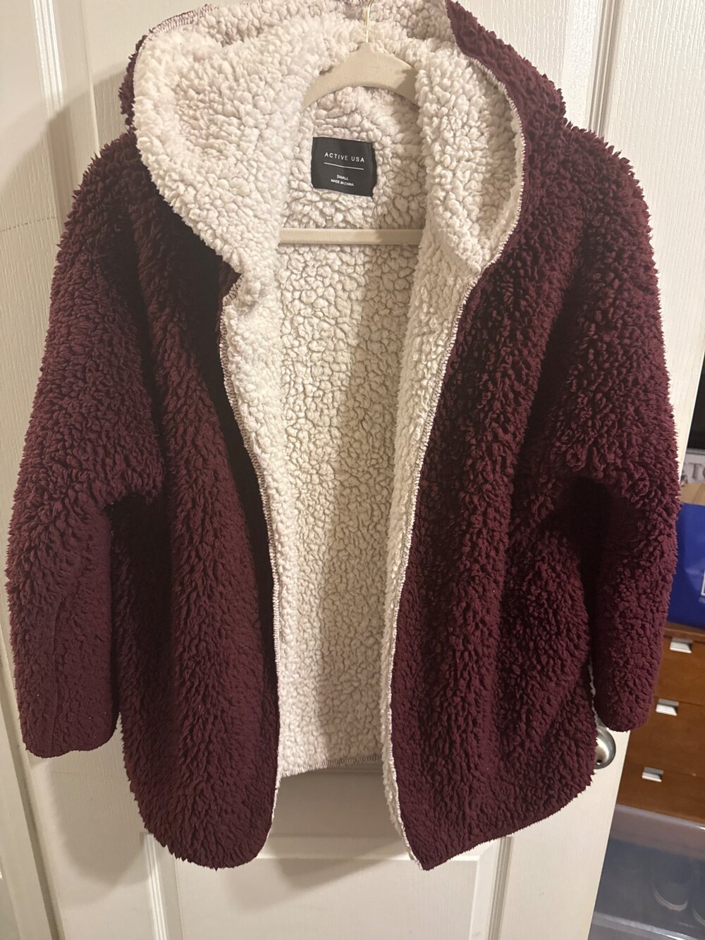 Active Usa Sherpa Fleece Hooded Jacket Burgundy Cream Size Small